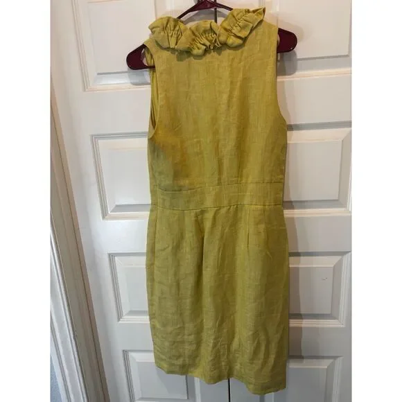 Taylor Chartreuse Linen Dress with Ruffle V-Neck Detail Size 8 Spring Summer - Picture 7 of 7